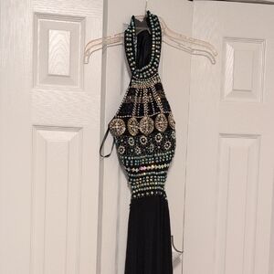 Macy's Black and Gold Embellished Backless Dress